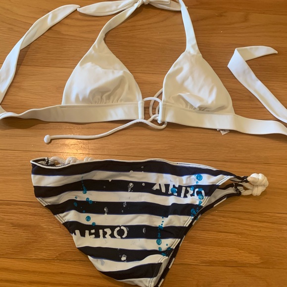 White halter bikini top with striped bottom - Picture 2 of 2